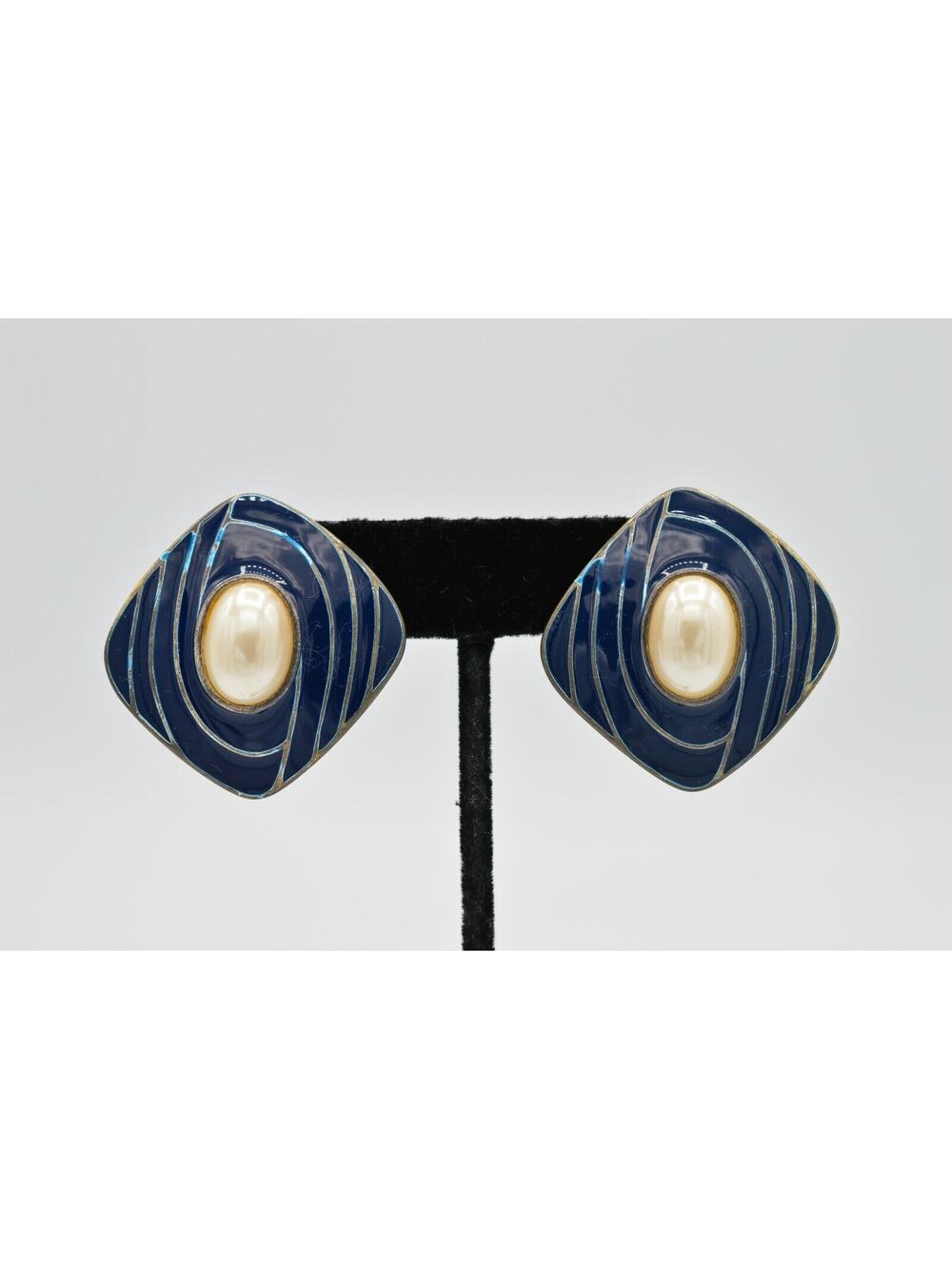 TAT Vintage Pearl Navy Blue Enamel Earrings Silver Chunky 1.5" Signed 1980s BinU